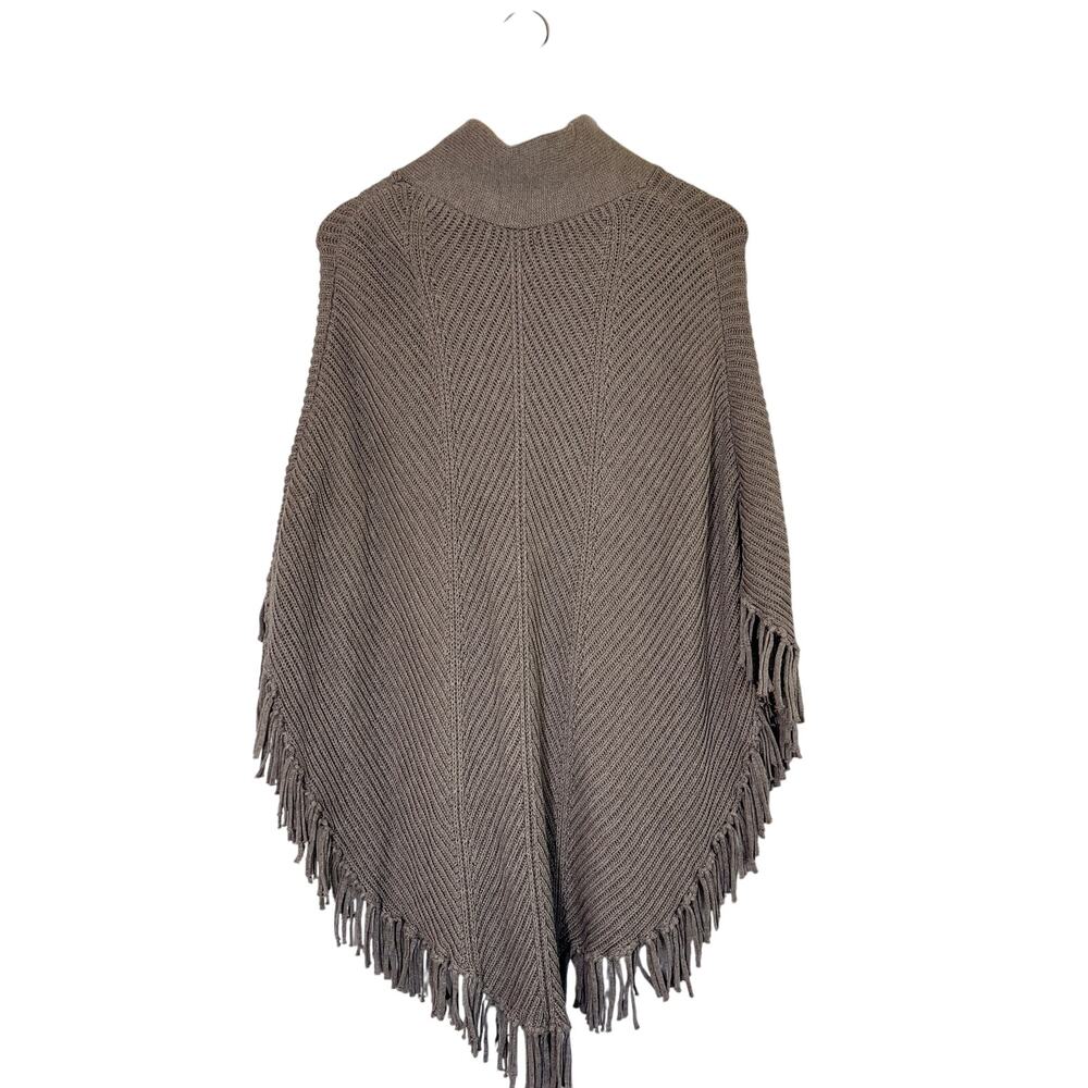 Banana Republic Small Gray Ribbed Chunky Knit Fringe Hem Sweater Poncho - Picture 2 of 5